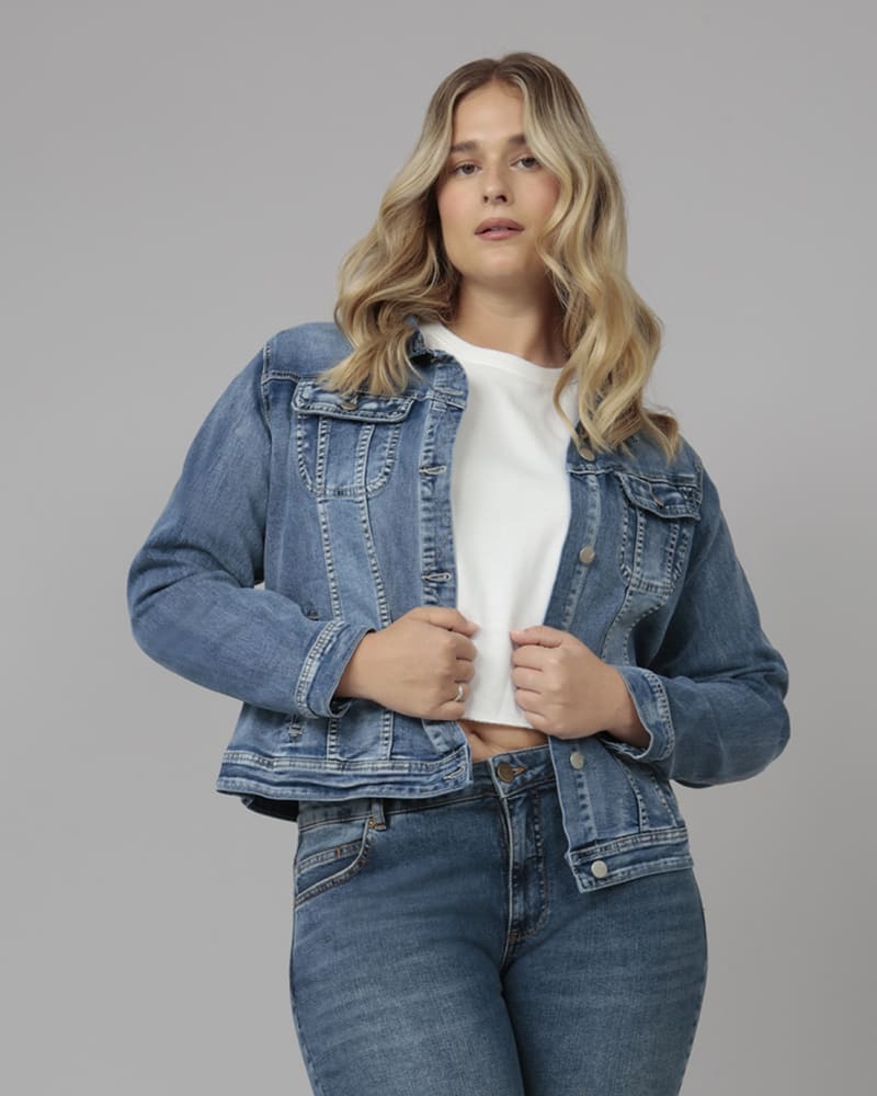 Front of a model wearing a size L Women's GABRIELLA-LBD1 Classic Denim Jacket in Light Blue Distressed by LOLA JEANS. | dia_product_style_image_id:321852